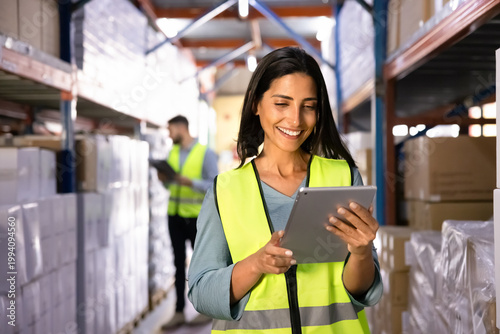Smiling Latina female warehouse worker in safety vest standing in stockroom, using digital tablet to check inventory data, managing stock levels, performing distribution operations in logistics center