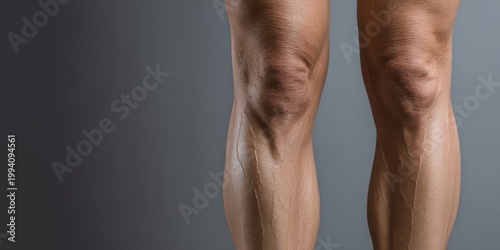 A detailed medical or fitness shot of lower human legs showing prominent veins, skin texture, and muscle definition, representing vascular health or athletic condition.