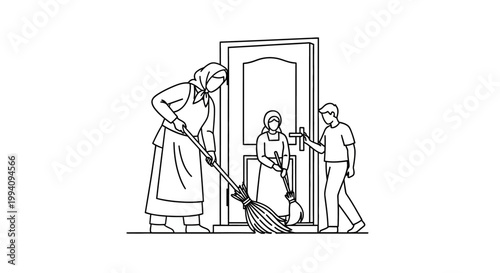 Family Members Sweeping Together in Front of the Doorway.