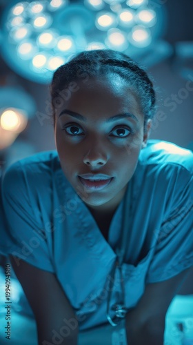 Portrait of young Black female nurse in surgical scrubs in blue operating room