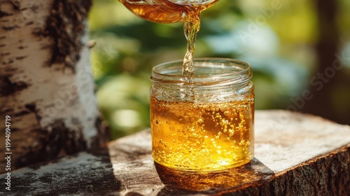 Pouring golden birch syrup or honey into glass jar on wood stump