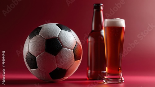Professional soccer ball placed next to a cold beer bottle and a glass of lager with foam, perfect for sports bar or football match viewing concepts.
