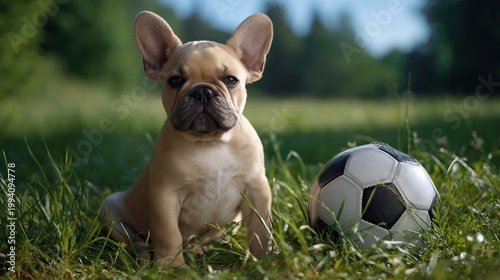 Cute French Bulldog puppy sitting on grass with soccer ball outdoors
