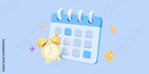 A blue spiral notebook calendar with a yellow alarm clock nearby