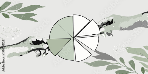 Abstract floral illustration with a pie chart and leafy elements