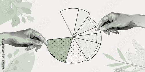 Two hands reaching for a pie chart with patterned segments