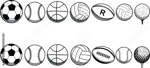Sports Balls Icons Set Vector Illustration Collection of Soccer Baseball Basketball Rugby and Golf Equipment
