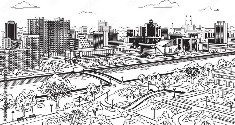 Fototapeta premium City landscape. Different buildings on street, outline cityscape hand sketch, flat houses. Hand drawn vector illustration