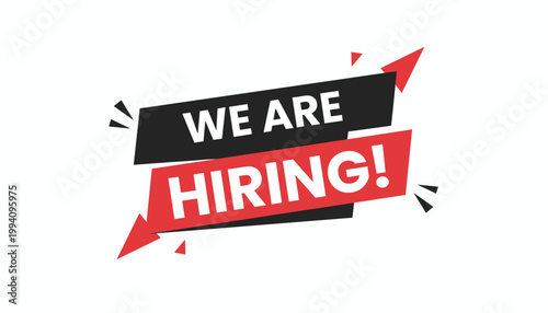 Abstract red arrow we are hiring banner graphic with modern ribbon design for employment search and job openings.