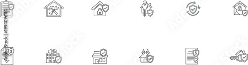 Home insurance protection and safety symbols and icons for property and real estate business finance security.