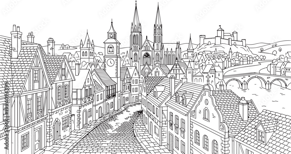 Obraz premium City landscape. Different buildings on street, outline cityscape hand sketch, flat houses. Hand drawn vector illustration