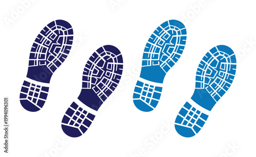 Blue footprint vector icons, shoe sole print set with tread patterns, navy and cyan boot tracks, forensic evidence and walking path graphics