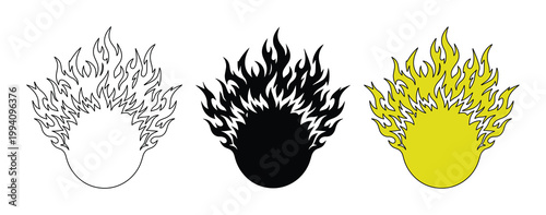 Stylized fire ball vector set, flaming sun icons in black and yellow, burning circle graphic elements for logo design and hot energy branding