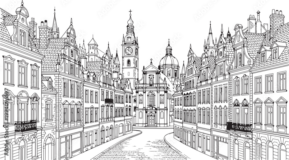 Fototapeta premium City landscape. Different buildings on street, outline cityscape hand sketch, flat houses. Hand drawn vector illustration