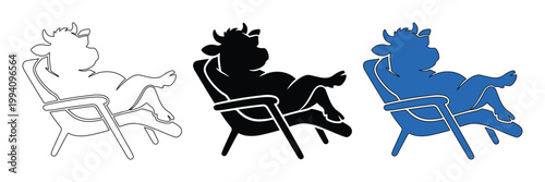Funny cartoon cow relaxing in deck chair vector set, humorous bull character sunbathing on lounge chair, black and blue cattle silhouettes