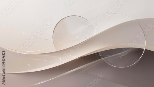 abstract vector background,
Transparent glass circles float over waves.
Minimalist curves create a sense of depth.
Soft beige palette feels modern and clean.
Light reflects off smooth glass surfaces.