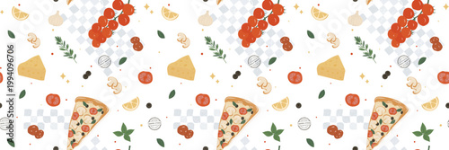 Colorful pattern of pizza ingredients: tomatoes, cheese, mushrooms, and basil. Seamless background for restaurant menu design. Vector illustration of delicious Italian food for wallpaper. Vector