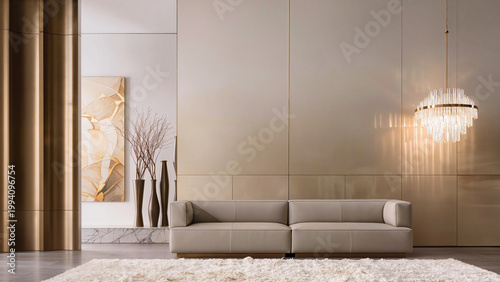 modern living room,
Modern beige sofa sits in center.
Crystal chandelier glows with warm light.
Golden wall panels add luxury feel.
Abstract painting hangs in the background.
Fluffy white rug 