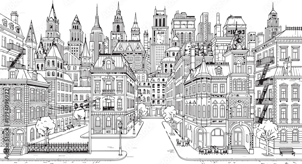 Obraz premium City landscape. Different buildings on street, outline cityscape hand sketch, flat houses. Hand drawn vector illustration