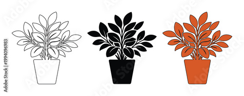 Minimalist potted plant vector icons, set of 3 houseplant silhouettes in outline and solid styles, orange and black botanical foliage illustrations