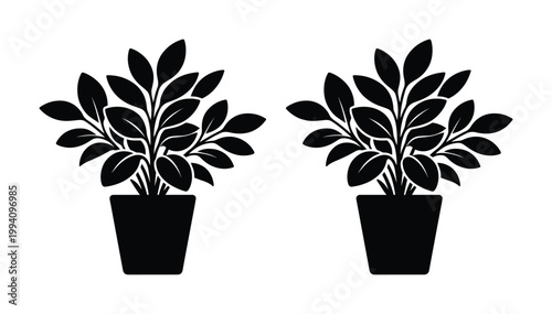 Minimalist potted plant silhouettes, black botanical leaf icons in flower pots, modern indoor houseplant vector set for interior design and branding