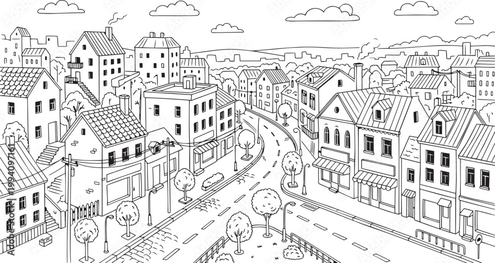 Fototapeta premium City landscape. Different buildings on street, outline cityscape hand sketch, flat houses. Hand drawn vector illustration