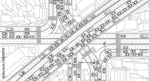 Busy highway interchange with many cars in traffic jam illustration.