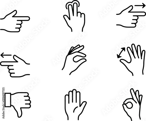 Photos A comprehensive vector illustration featuring a collection of essential hand gestures and touch screen icons, perfect for modern UI/UX design projects