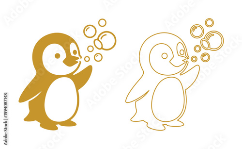 Cute penguin blowing bubbles vector illustration, gold silhouette and line art penguin characters, minimalist animal icons for kids design