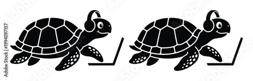 Cartoon turtle wearing headphones using a laptop vector, black silhouette tortoise gamer mascot, funny animal character working on computer