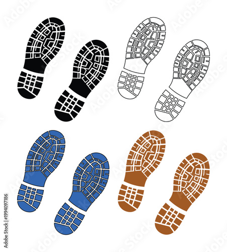 Boot footprint vector set, hiking shoe sole prints in black blue and brown, 4 pairs of textured footwear tread marks for forensic or outdoor design