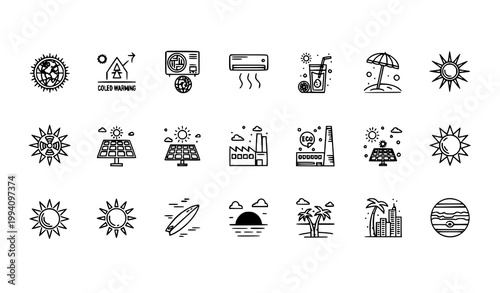 Sunlight and Climate Outline Icons Set with Summer Leisure Energy and Space Elements Vector Pack