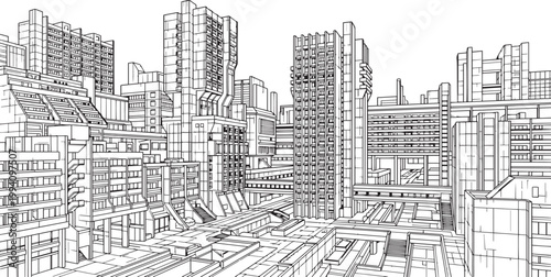 City landscape. Different buildings on street, outline cityscape hand sketch, flat houses. Hand drawn vector illustration