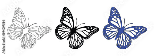 Monarch butterfly vector set, elegant butterfly silhouettes in black blue and outline styles, 3 decorative insect icons for nature design