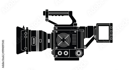 A black and white silhouette of a professional cinema camera with accessories
