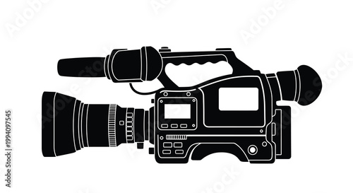 Black and white illustration of a professional video camera with lens