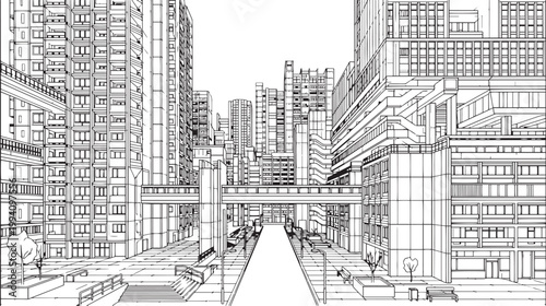 City landscape. Different buildings on street, outline cityscape hand sketch, flat houses. Hand drawn vector illustration