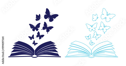 Minimalist butterfly book vector illustration, open book with flying butterflies silhouette, creative education and imagination concept icons