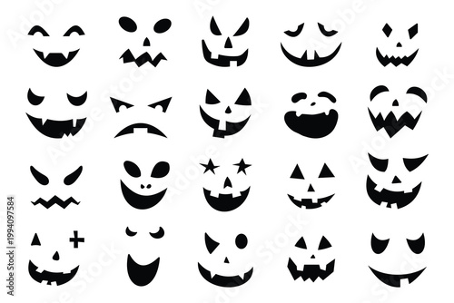 Halloween face icon set. Scary Halloween pumpkin faces. Scary ghost faces. Spooky pumpkin smile on white background. Design for the holiday Halloween. Vector illustration. 