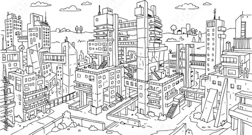 City landscape. Different buildings on street, outline cityscape hand sketch, flat houses. Hand drawn vector illustration