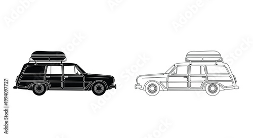Black and white outline illustration of classic station wagons with roof racks