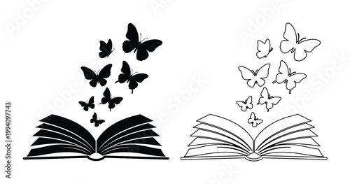 Open book with flying butterflies vector, magic storytelling concept illustration, black silhouette and line art icons for education and fantasy