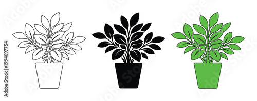 Minimalist potted plant vector set, green houseplant icons in flat and silhouette styles, botanical foliage illustrations for interior design