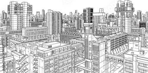 City landscape. Different buildings on street, outline cityscape hand sketch, flat houses. Hand drawn vector illustration