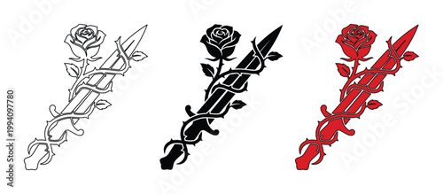 Gothic rose and dagger vector set, romantic sword wrapped in thorny vine icons, black and red floral blade illustrations for tattoo design