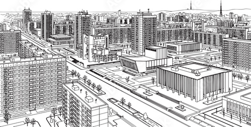 City landscape. Different buildings on street, outline cityscape hand sketch, flat houses. Hand drawn vector illustration