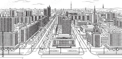 City landscape. Different buildings on street, outline cityscape hand sketch, flat houses. Hand drawn vector illustration