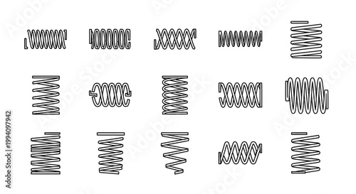 collection of diverse spring coils and suspension systems in a clean outline style
