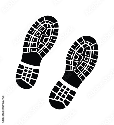 Black boot footprint silhouettes, pair of rubber shoe sole prints, hiking boot tread marks isolated on white, tactical footwear trail vector