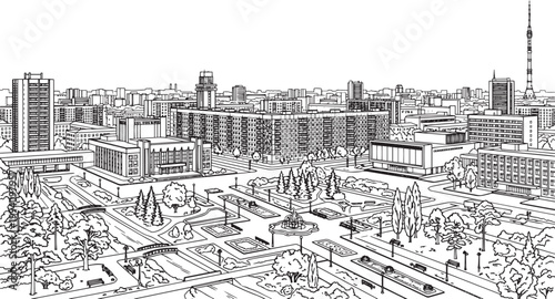 City landscape. Different buildings on street, outline cityscape hand sketch, flat houses. Hand drawn vector illustration